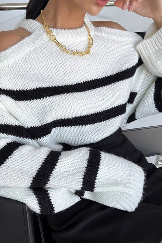 Striped Cutout Shoulder Knit Sweater