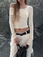 One Shoulder Embroidery Slim Long Sleeve Tee