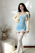 Lace Trim Halter Ruched Drawstring Mini Dress and Cropped Bolero Two Piece Set