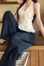 White Lace Trim V Neck Halter Waist Tie Tank Top
