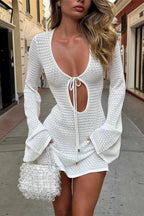 Sexy Cut Out Sheer Knit Beach Cover Up Mini Sweater Dress