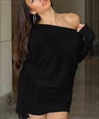Off Shoulder Thumbhole Sleeve Crop Top and Bodycon Mini Skirt Set
