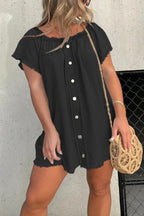 Off Shoulder Denim Button Front Frayed Trim Shift Mini Dress