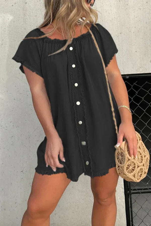 Off Shoulder Denim Button Front Frayed Trim Shift Mini Dress
