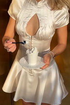 White Stand Collar Keyhole Hook Front Corset Pleated Satin Mini Dress
