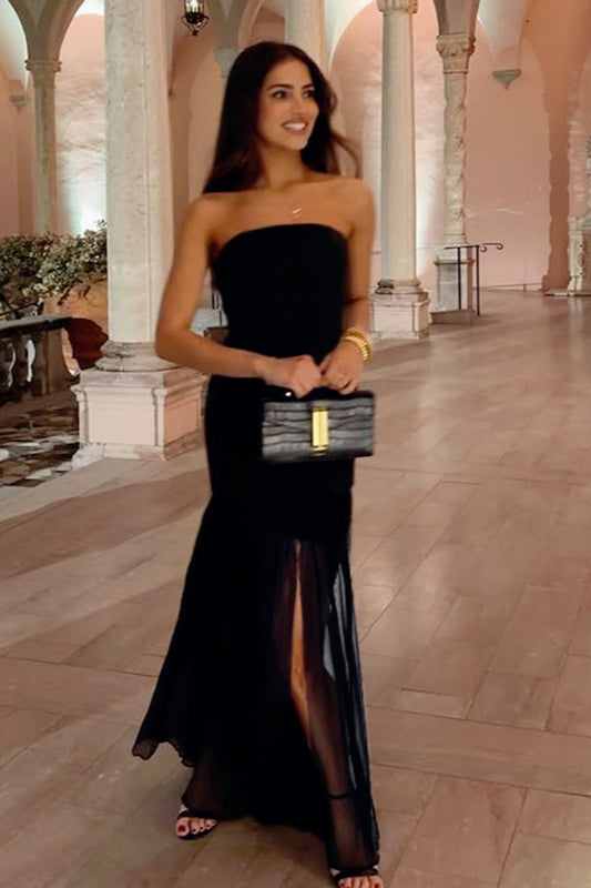 Strapless Sheer Mesh Overlay Bodycon Illusion Maxi Dress