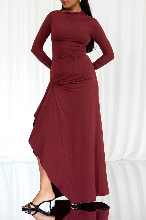 Long Sleeve Crew Neck Side Ruched Cascading Drape Panel Maxi Dress