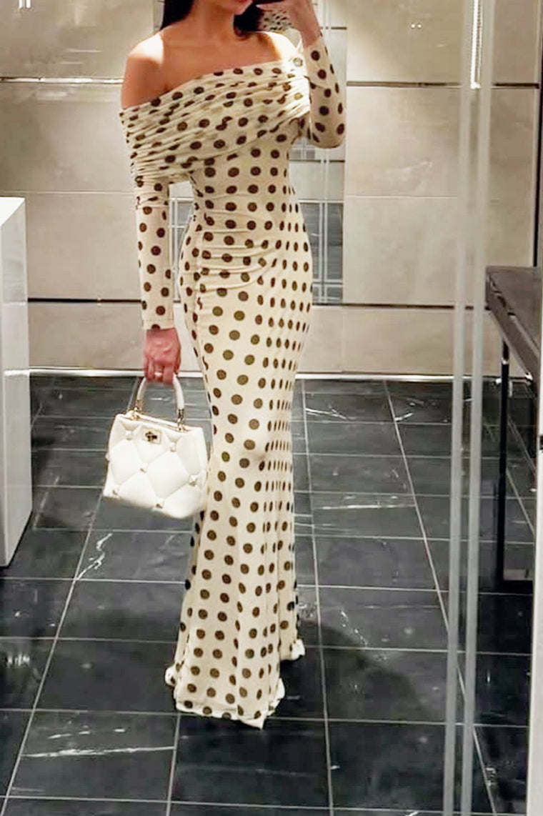 Polka Dot Off Shoulder Long Sleeve Bodycon Maxi Dress