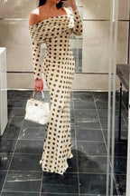 Polka Dot Off Shoulder Long Sleeve Bodycon Maxi Dress