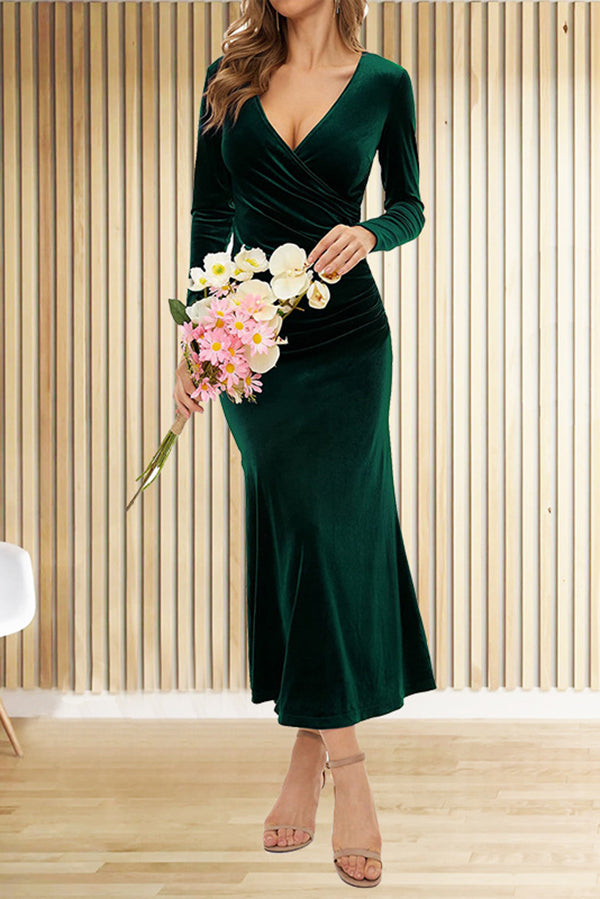 Velvet Wrap Deep V-Neck Ruched Side Long Sleeve Maxi Dress