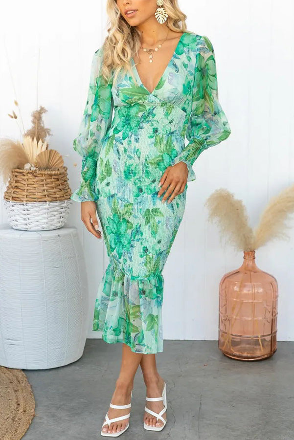 Deep V-Neck Smocked Floral Print Balloon Sleeve Ruffle Hem Mermaid Midi Dress