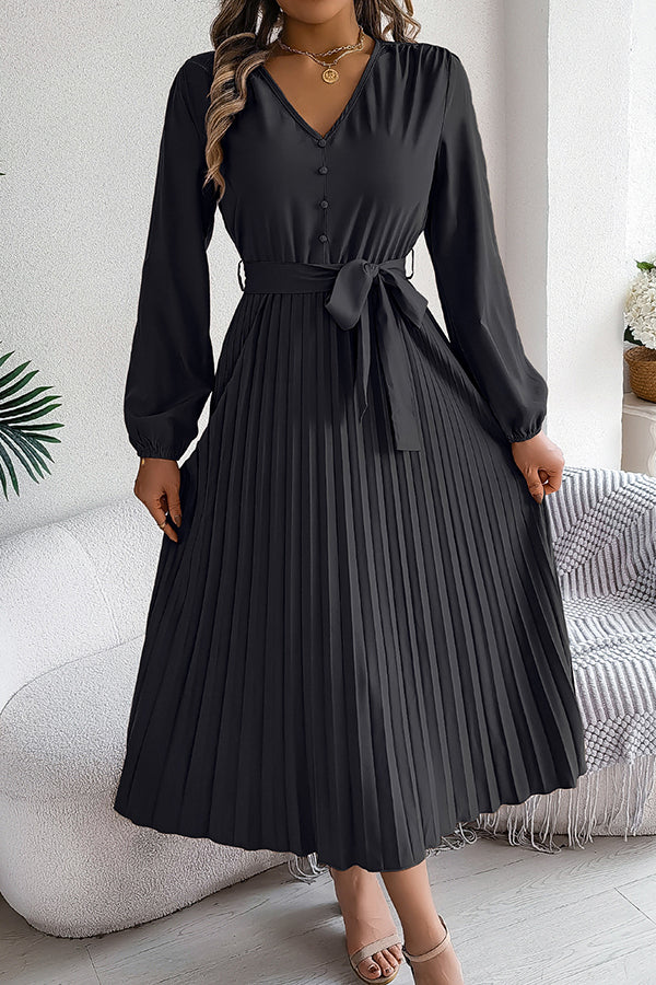 Deep V-Neck Bishop Sleeve Button Front Pleated Belted Midi Dress