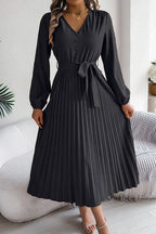 Deep V-Neck Bishop Sleeve Button Front Pleated Belted Midi Dress
