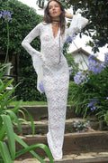 Deep V Neck Bell Sleeve Scallop Trim Floral Lace Maxi Dress