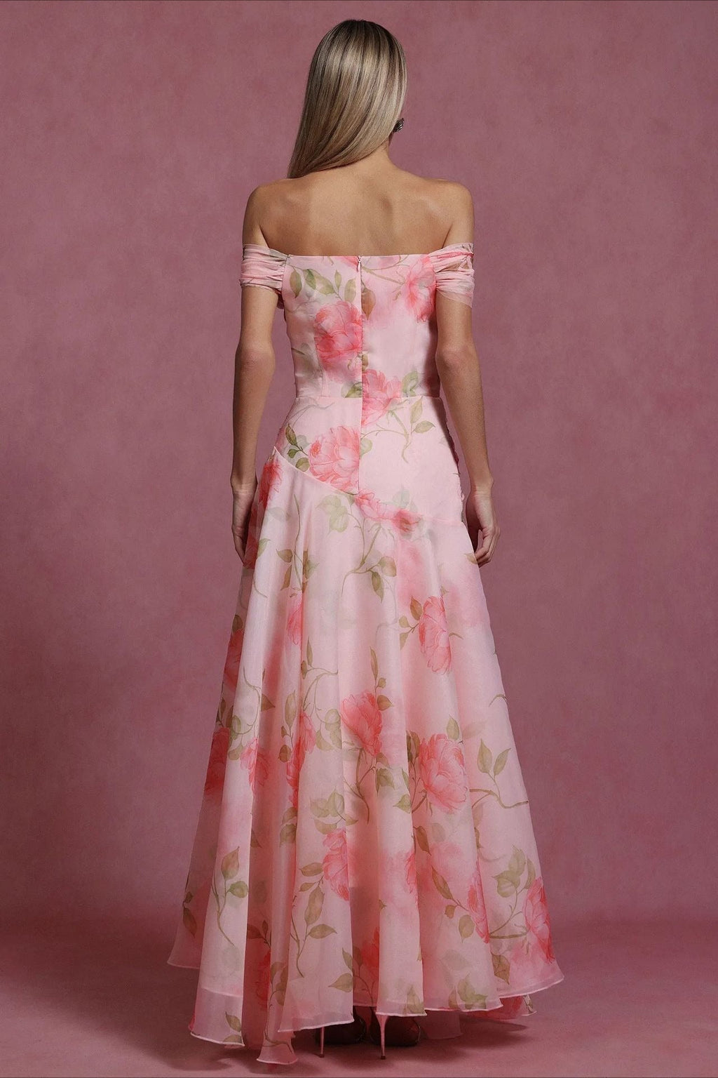 Pink Off Shoulder Sweetheart 3D Applique Floral Print A-Line Maxi Dress