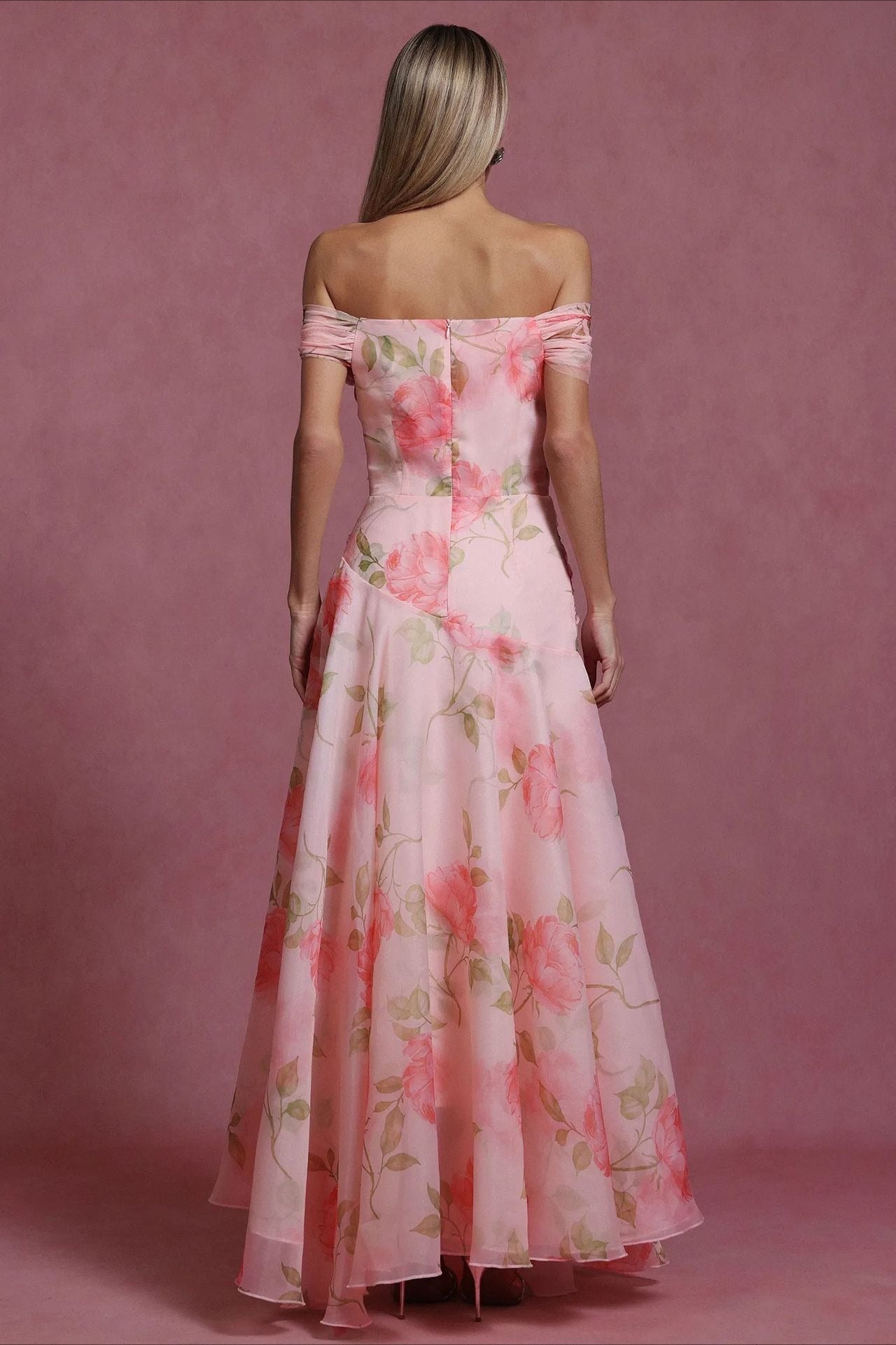 Pink Off Shoulder Sweetheart 3D Applique Floral Print A-Line Maxi Dress