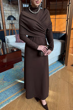 Solid Color High-neck Long-sleeved Crossover Waist Slim-fit Maxi Dress