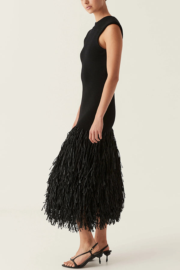 Sleeveless Crew Neck Tiered Fringed Hem Maxi Dress