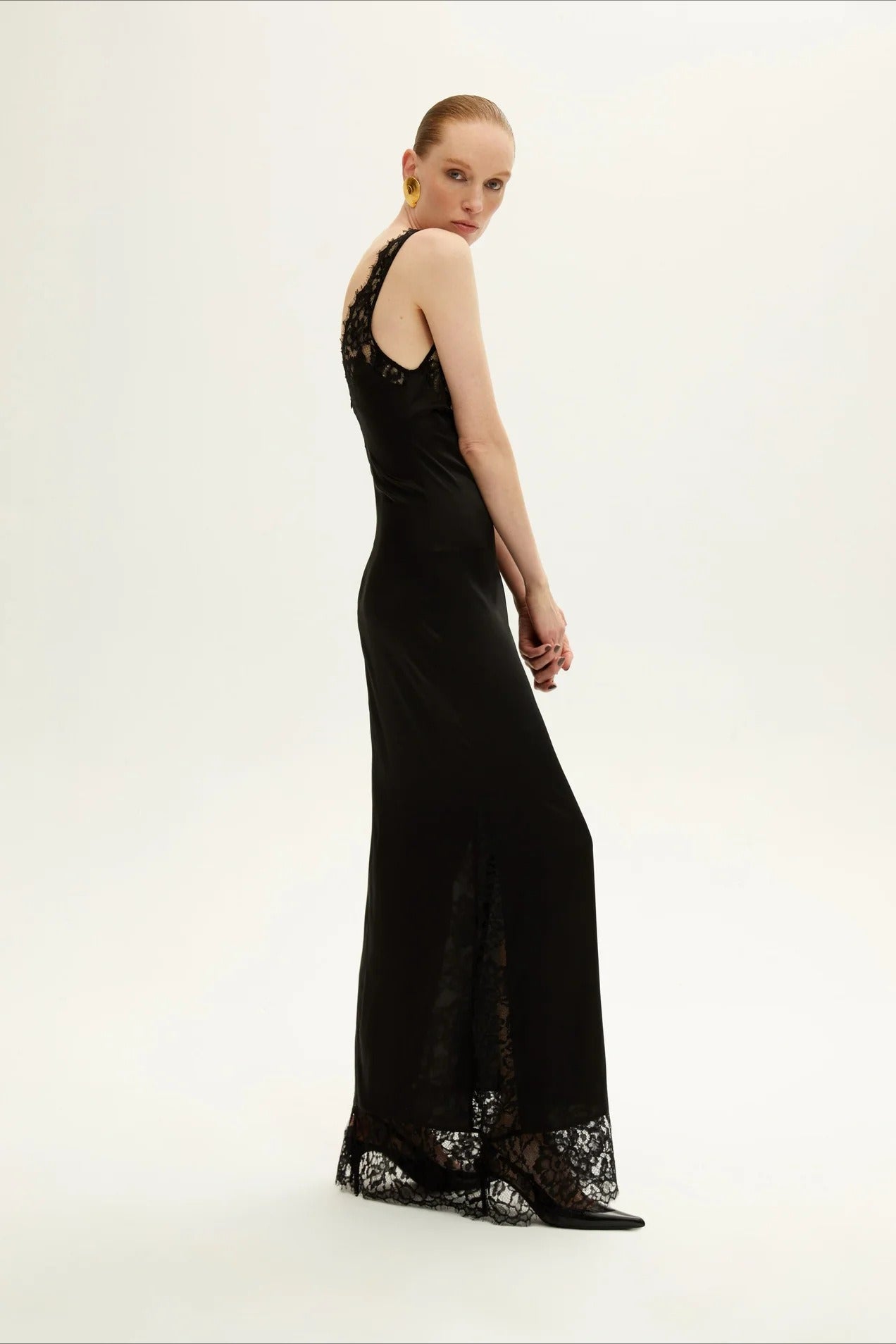 Satin Deep V-Neck Lace Panel Lace Trim Hem Maxi Slip Dress