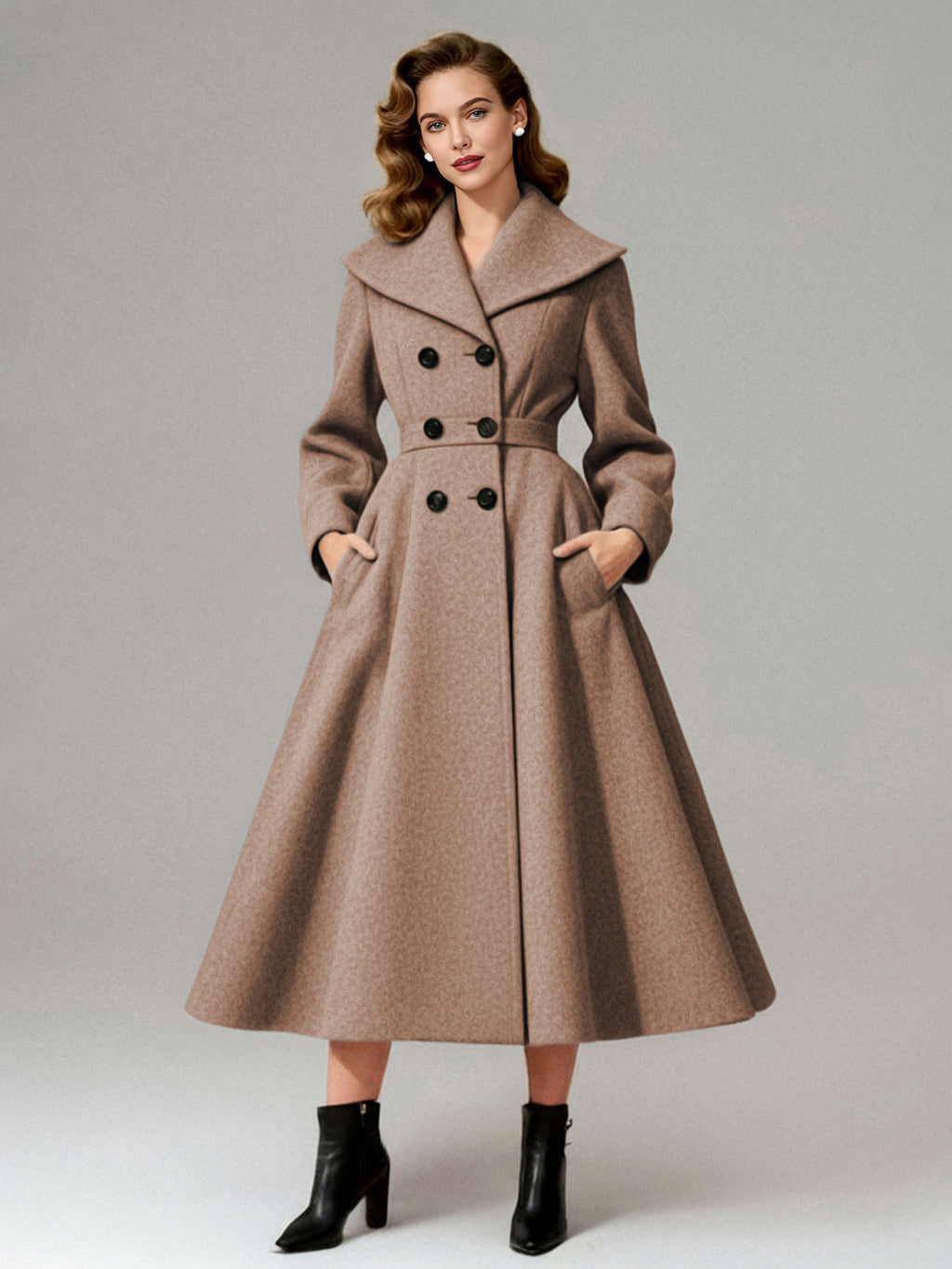 Vintage Double-Breasted A-line Woolen Coat With Shawl Collar For Women 2026