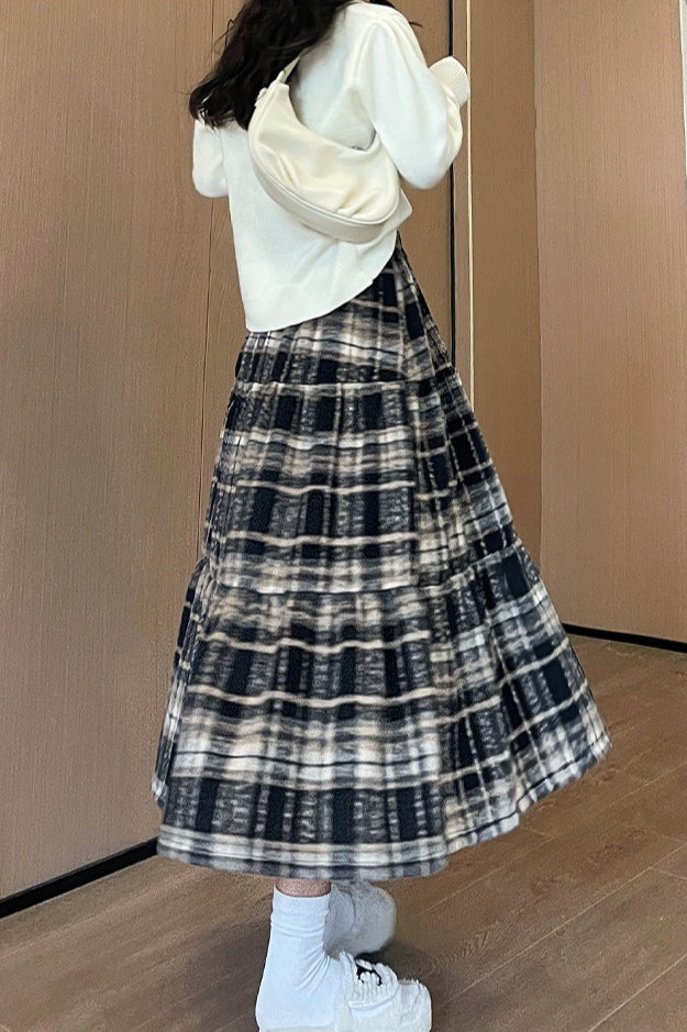 Wool Blend Tiered Plaid Skirt