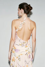 One Shoulder Floral Print Draped Rosette Waist Ruffle Slit Maxi Dress