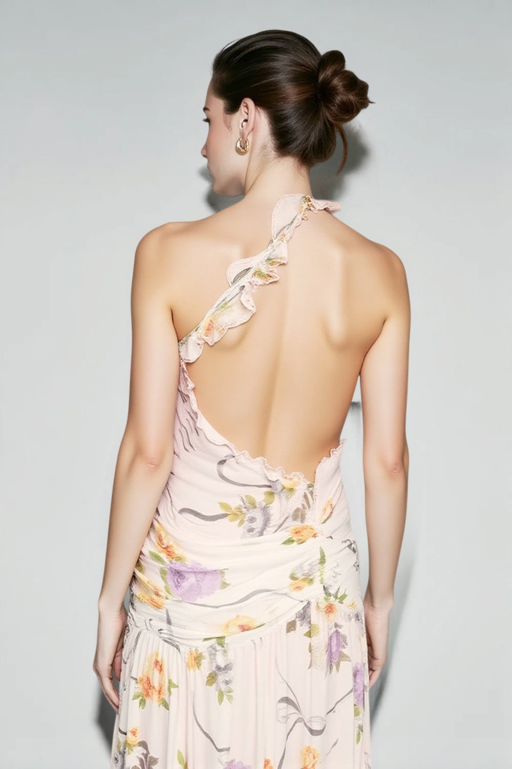 One Shoulder Floral Print Draped Rosette Waist Ruffle Slit Maxi Dress