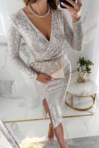 Deep V-Neck Wrap Sequin Long Sleeve Side Slit Midi Dress