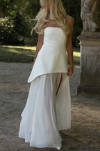Monaco Off Shoulder Structured Top Chiffon Slit Hem Scarf Maxi Dress