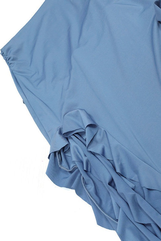 Strapless Ruched Ruffle Trim High Slit Midi Dress