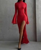 Mock Neck Bell Sleeve High Side Slit Bodycon Maxi Dress