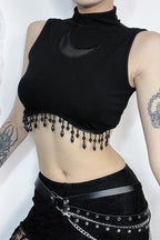 High Neck Sleeveless Moon Cutout Fringe Crop Top