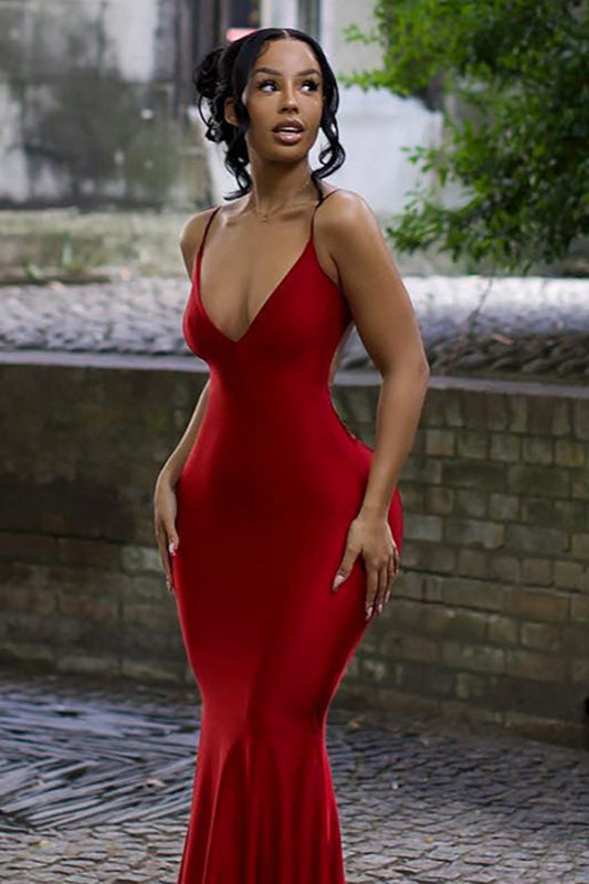 Spaghetti Strap Deep V-Neck Bodycon Mermaid Maxi Dress