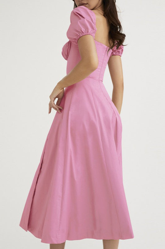 Off Shoulder Puff Sleeve Corset Tie Front High Split Maxi Dress