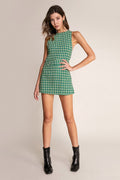 Tweed Boucle Check Sleeveless Crew Neck Mini Dress