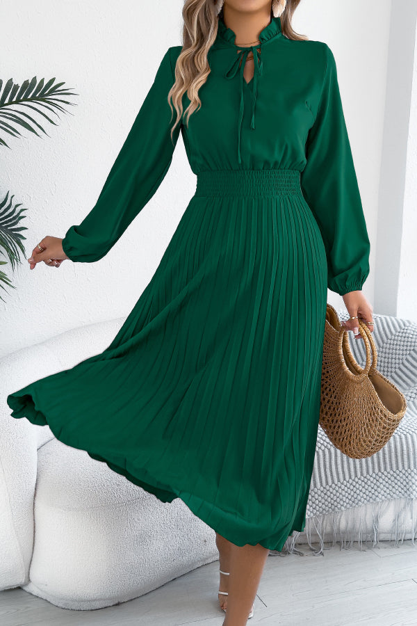 Solid Color Long-sleeved Fitted Waist Pleated Elegant Midi Dress