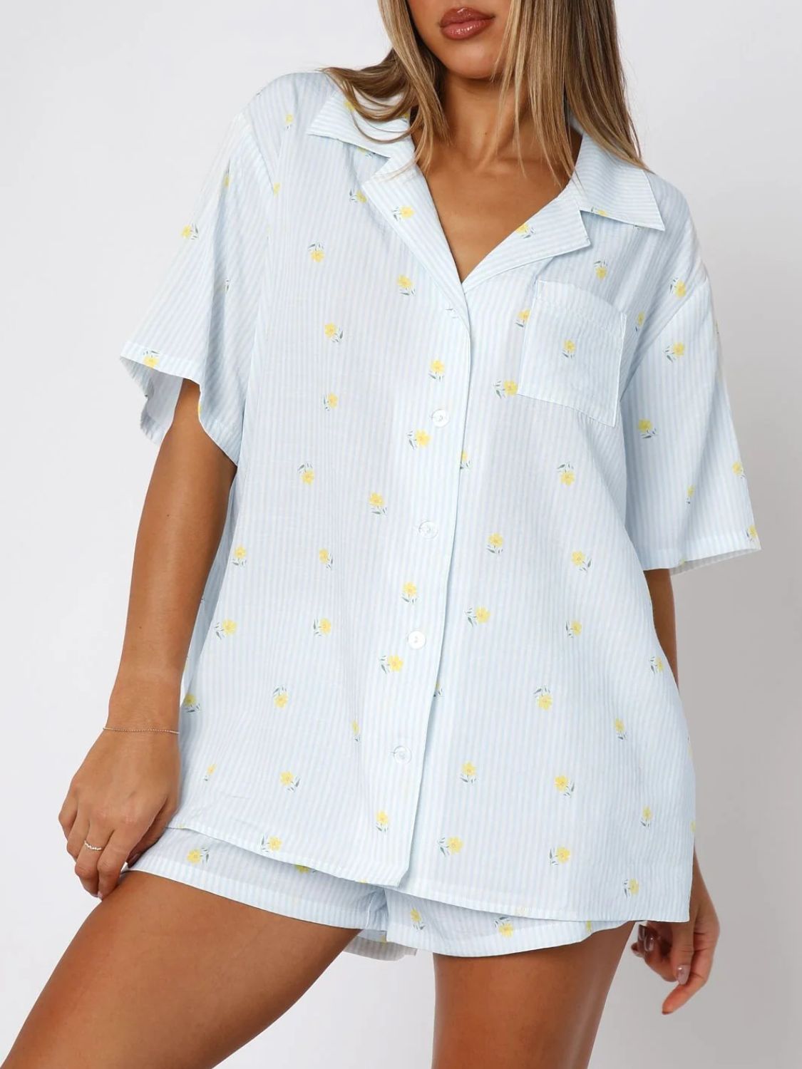 Blue Zone Planet | Valentine's Day Printed Collared Neck Short Sleeve Top And Shorts Set