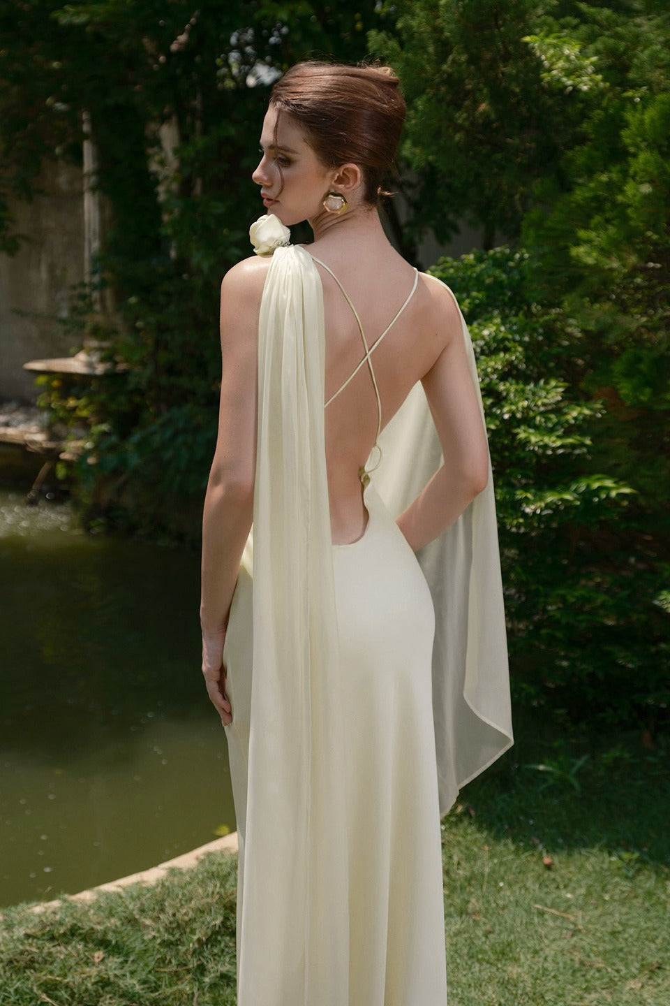 Satin Spaghetti Strap Cowl Neck Rose Scarf Drape Column Maxi Gown