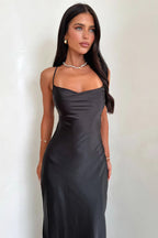 Satin Cowl Neck Spaghetti Strap Bias Cut Slip Midi Dress