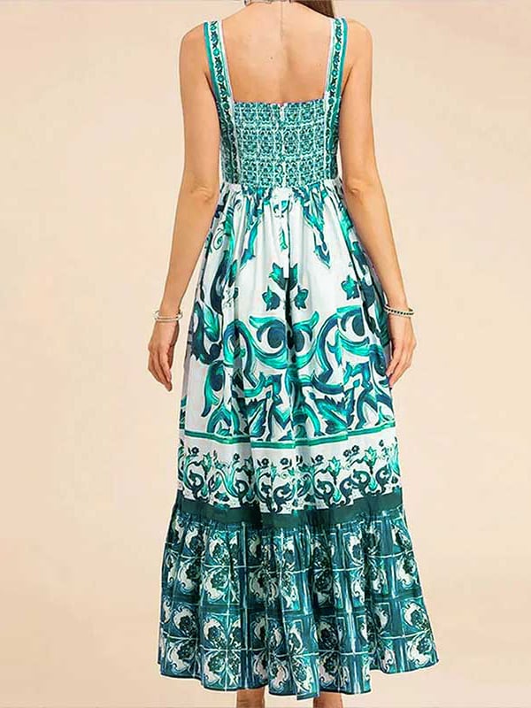 Tile Print Corset Bodice Tiered Ruffle Maxi Dress