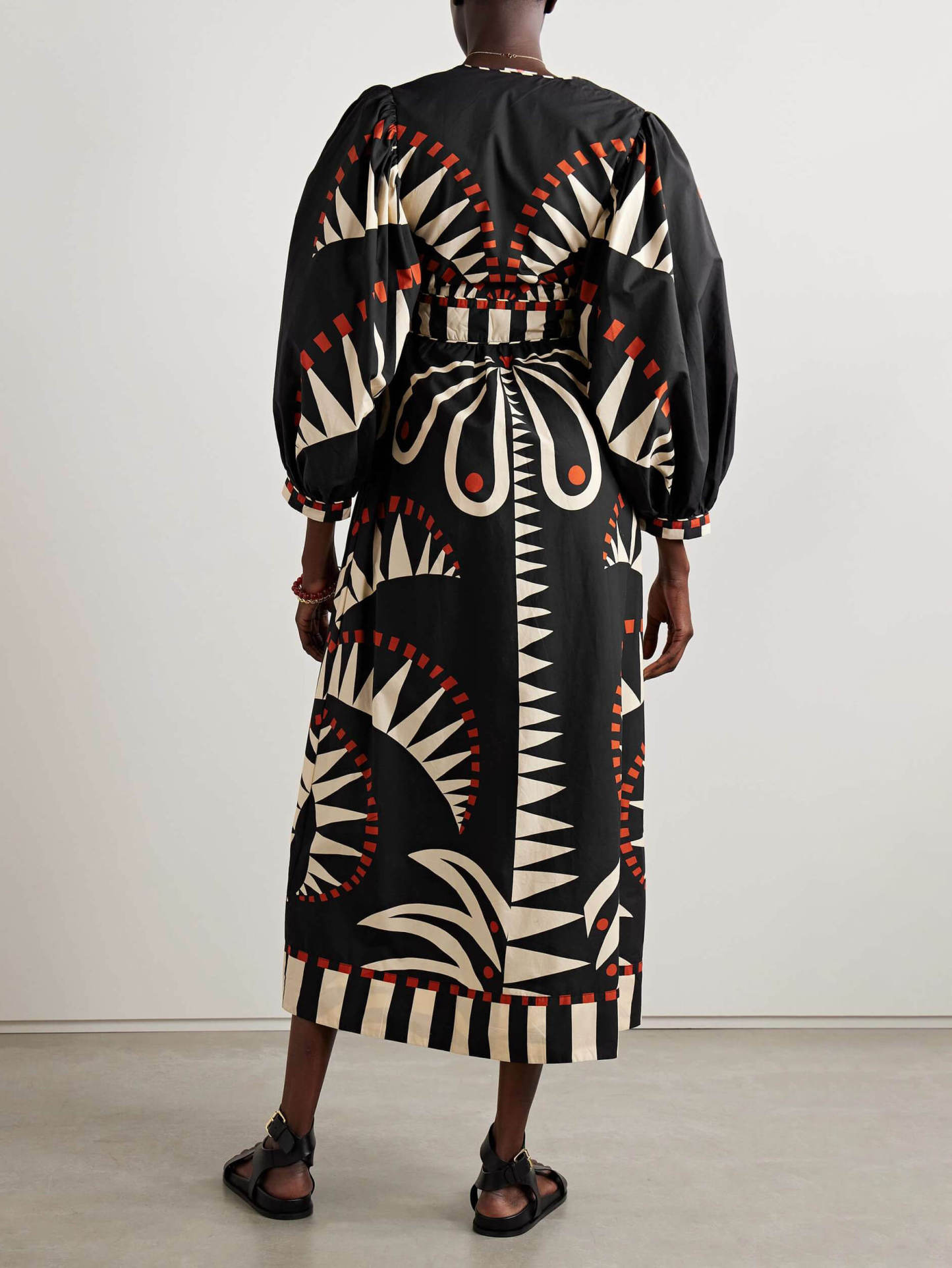 Abstract Geometric Print Puff Sleeve Button Front Midi Dress