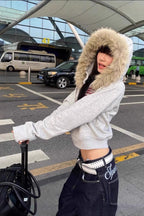 Y2K Flag Print Fur Paneled Casual Hoodie