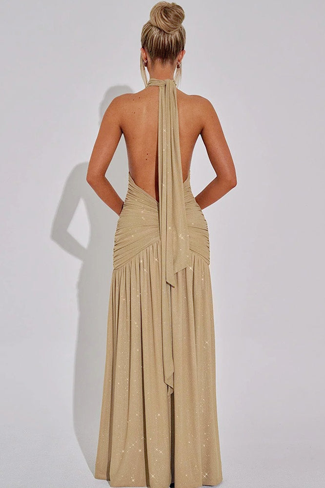 Glitter Halter Choker Deep V-Neck Ruched Waist High Split Maxi Dress