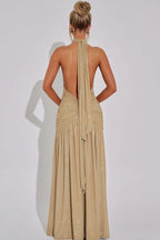 Glitter Halter Choker Deep V-Neck Ruched Waist High Split Maxi Dress