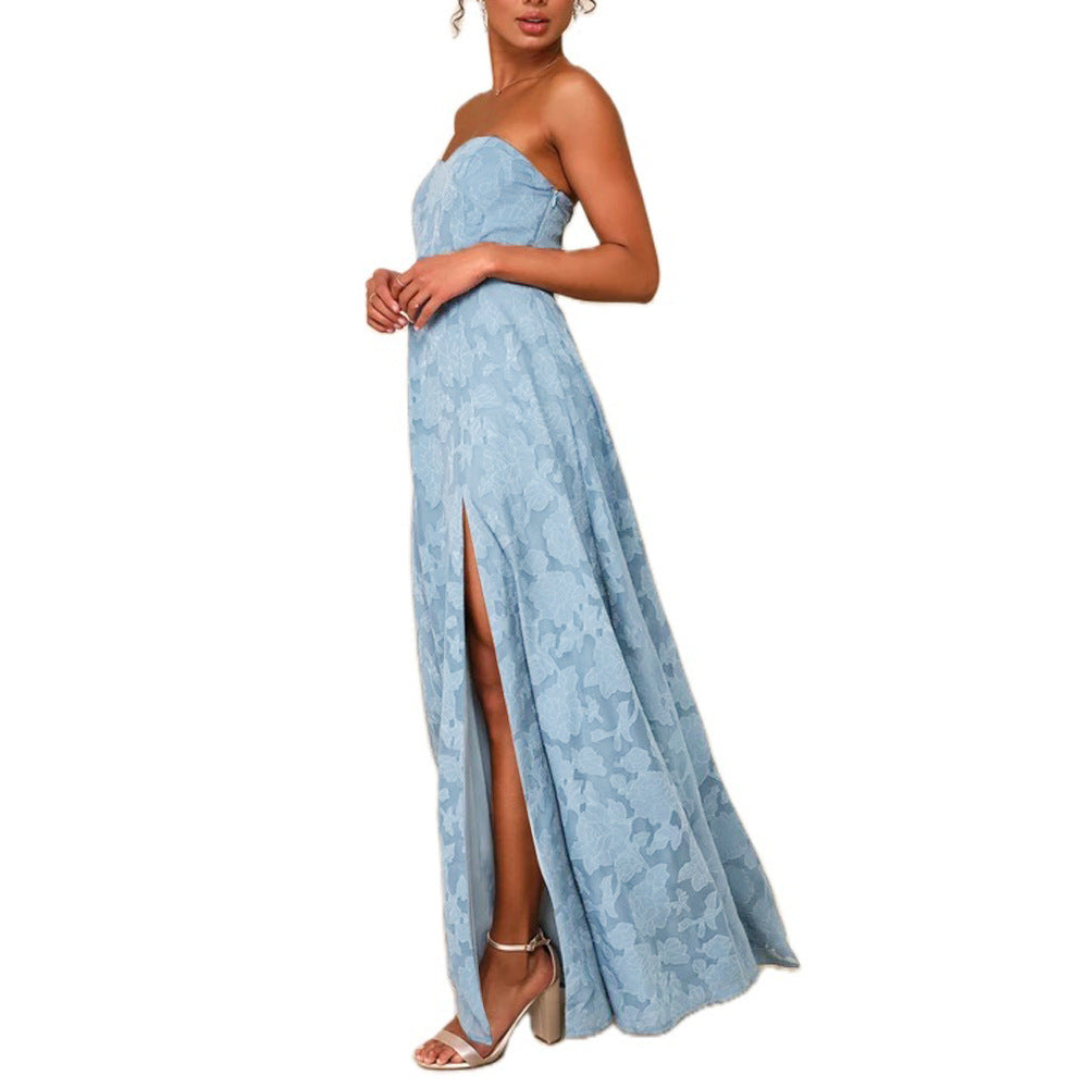 Embroidered Strapless Dress with Front Slit