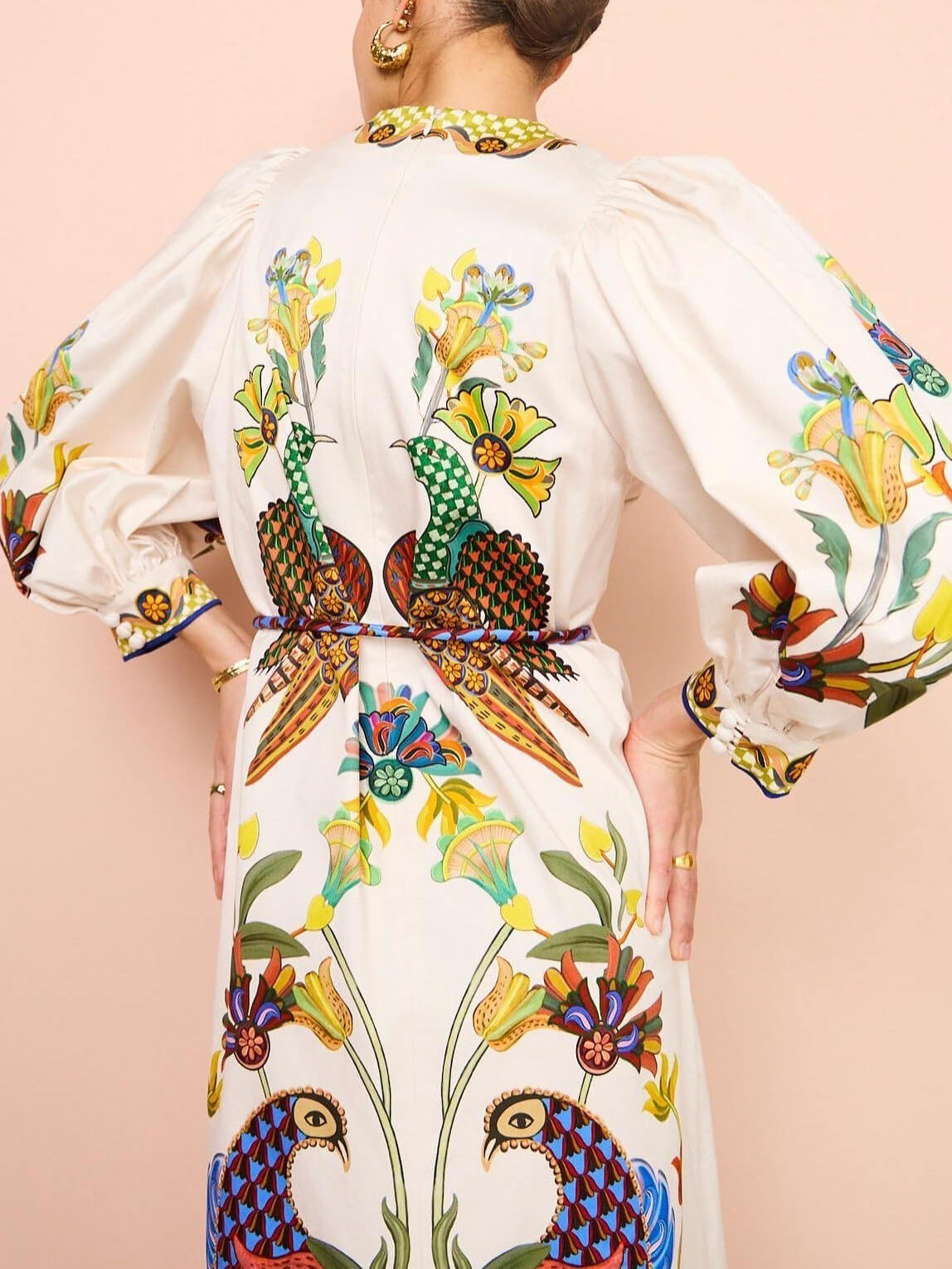 Lantern Sleeve Bird Print Rope Belt Pocket Maxi Dress