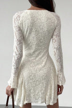 Sweetheart Neck Tie Front Floral Lace Long Bell Sleeve Side Slit Mini Dress