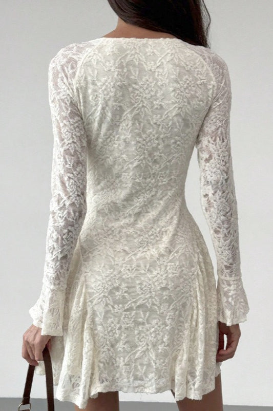 Sweetheart Neck Tie Front Floral Lace Long Bell Sleeve Side Slit Mini Dress