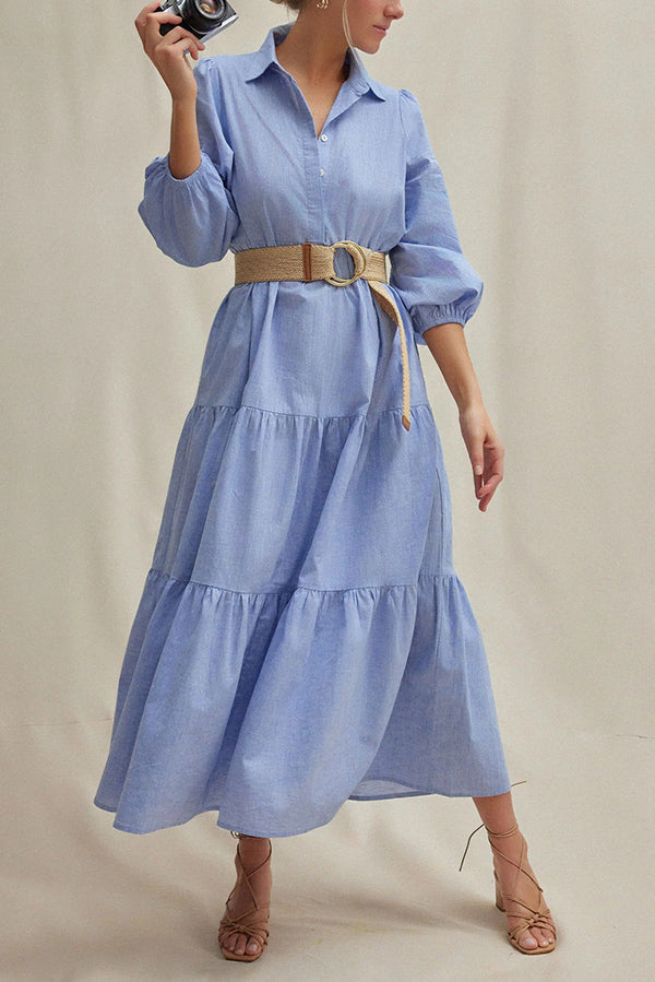 Collared Button Front Tiered Elastic Cuff Long Sleeve Midi Shirt Dress