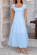 Off Shoulder Puff Sleeve Tie Front Corset Bodice A Line Midi Dress